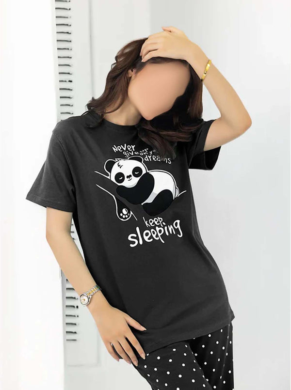 Black Never Give Up Printed Night Suit