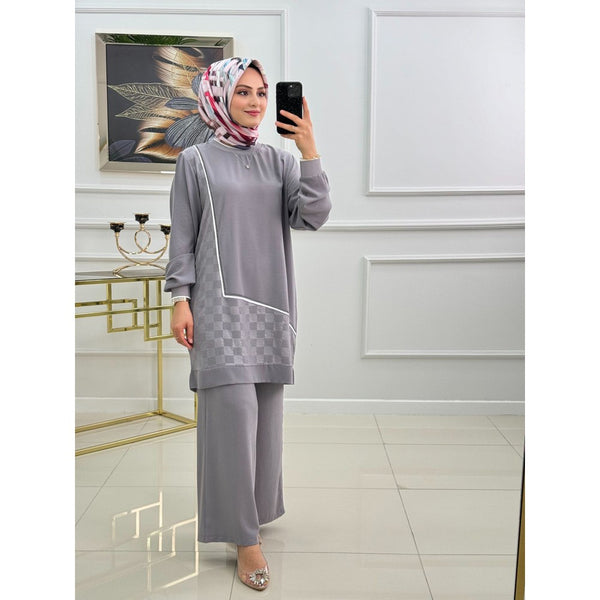 Winter Fleece Fabric Mosaic Printed Long Sleeves 2 Pieces Co-Ord Sets For Women - Grey