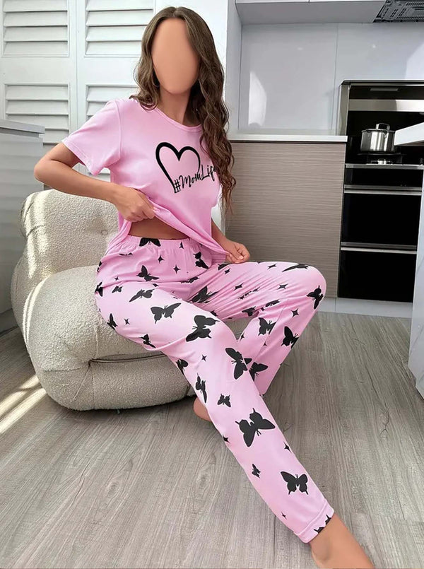 Light Pink Butterfly Printed Night Suit