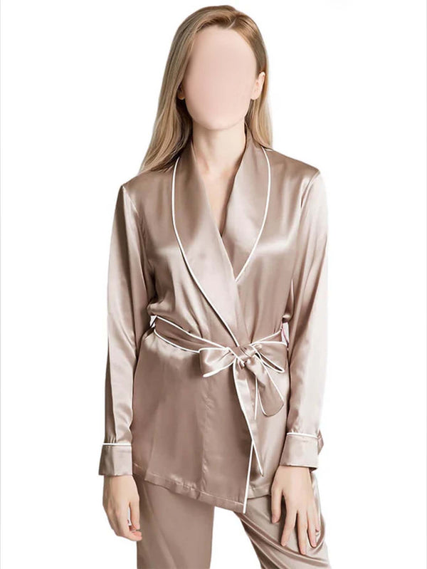 Beige Long Belted Silk Pj Set