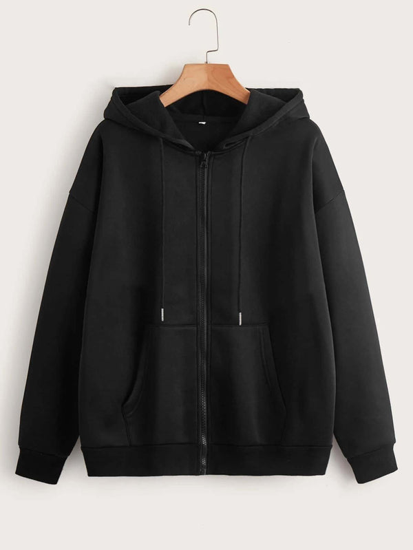 Winter Fleece Fabric Zipper Hoodie For Women - Black