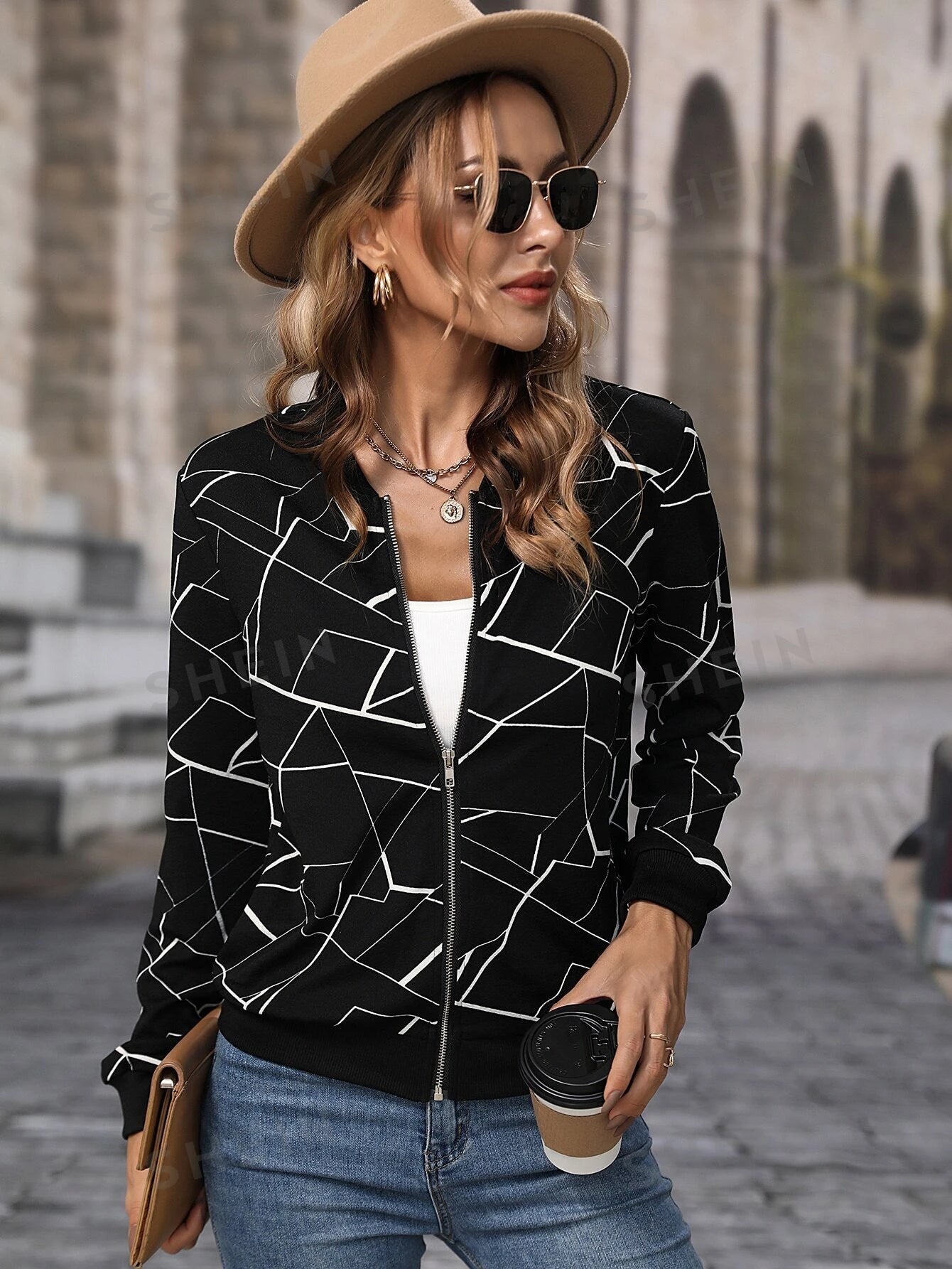 Winter Fleece Geo Printed Jacket For Women