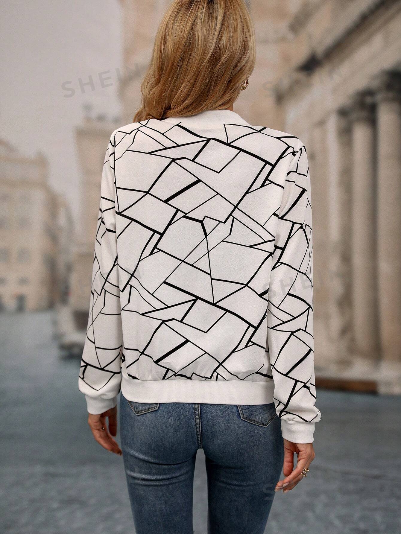 Winter Fleece Geo Printed Jacket For Women