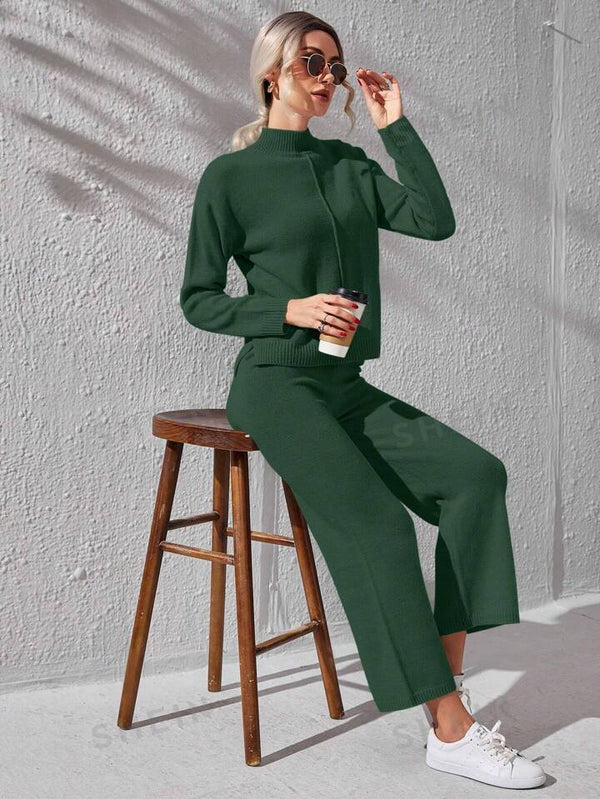 Winter Fleece Fabric Basic 2 Pieces Co-Ord Sets For Women - Green