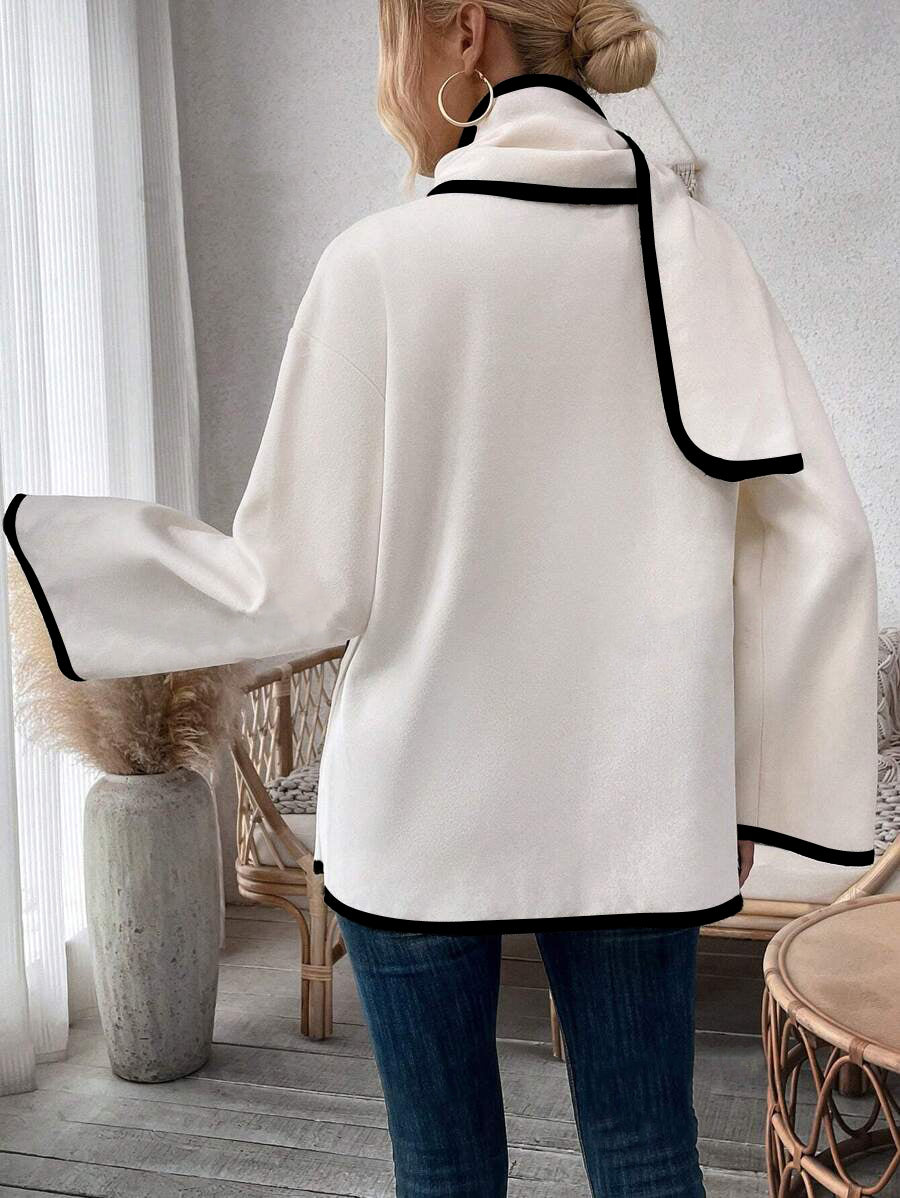 Long Sleeve Contrast Trim Coat With Shawl