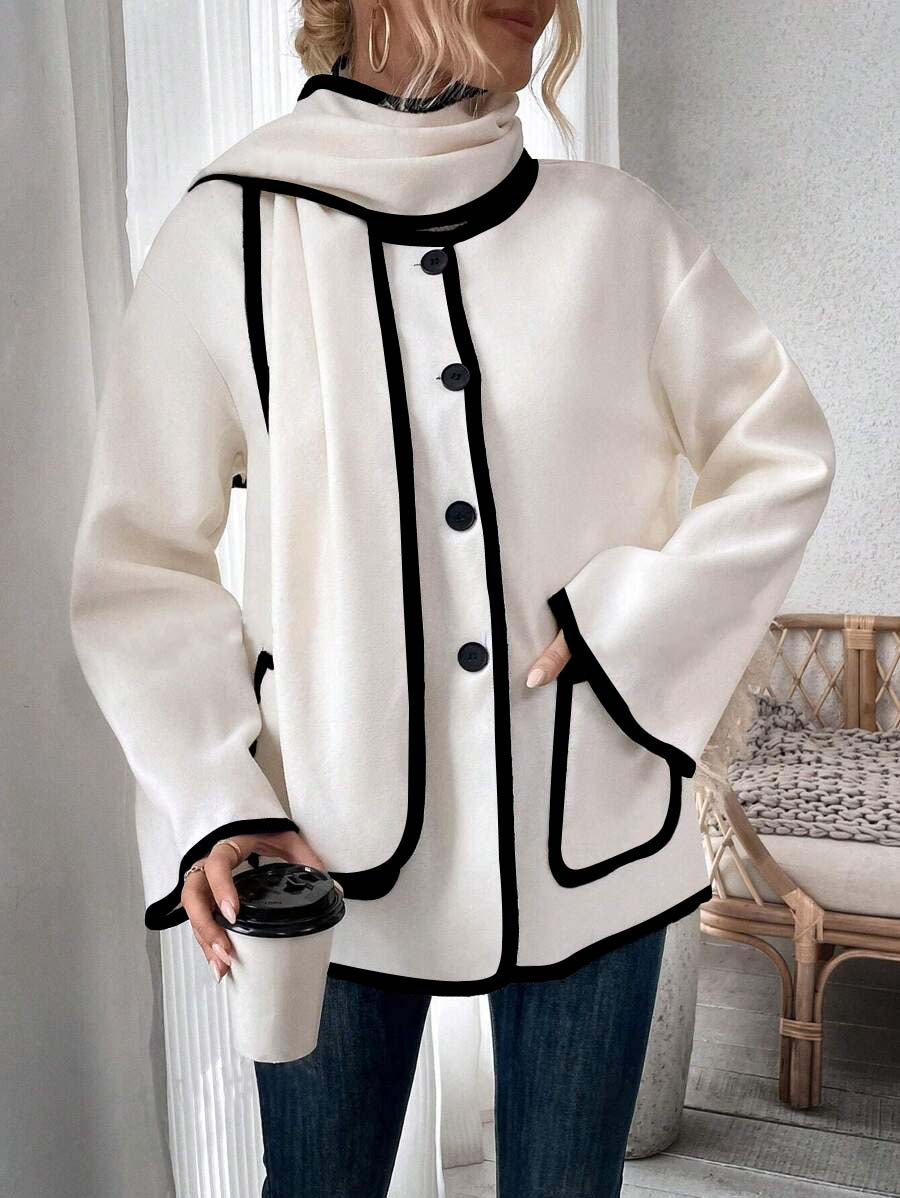 Long Sleeve Contrast Trim Coat With Shawl