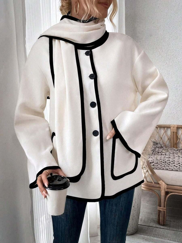 Long Sleeve Contrast Trim Coat With Shawl