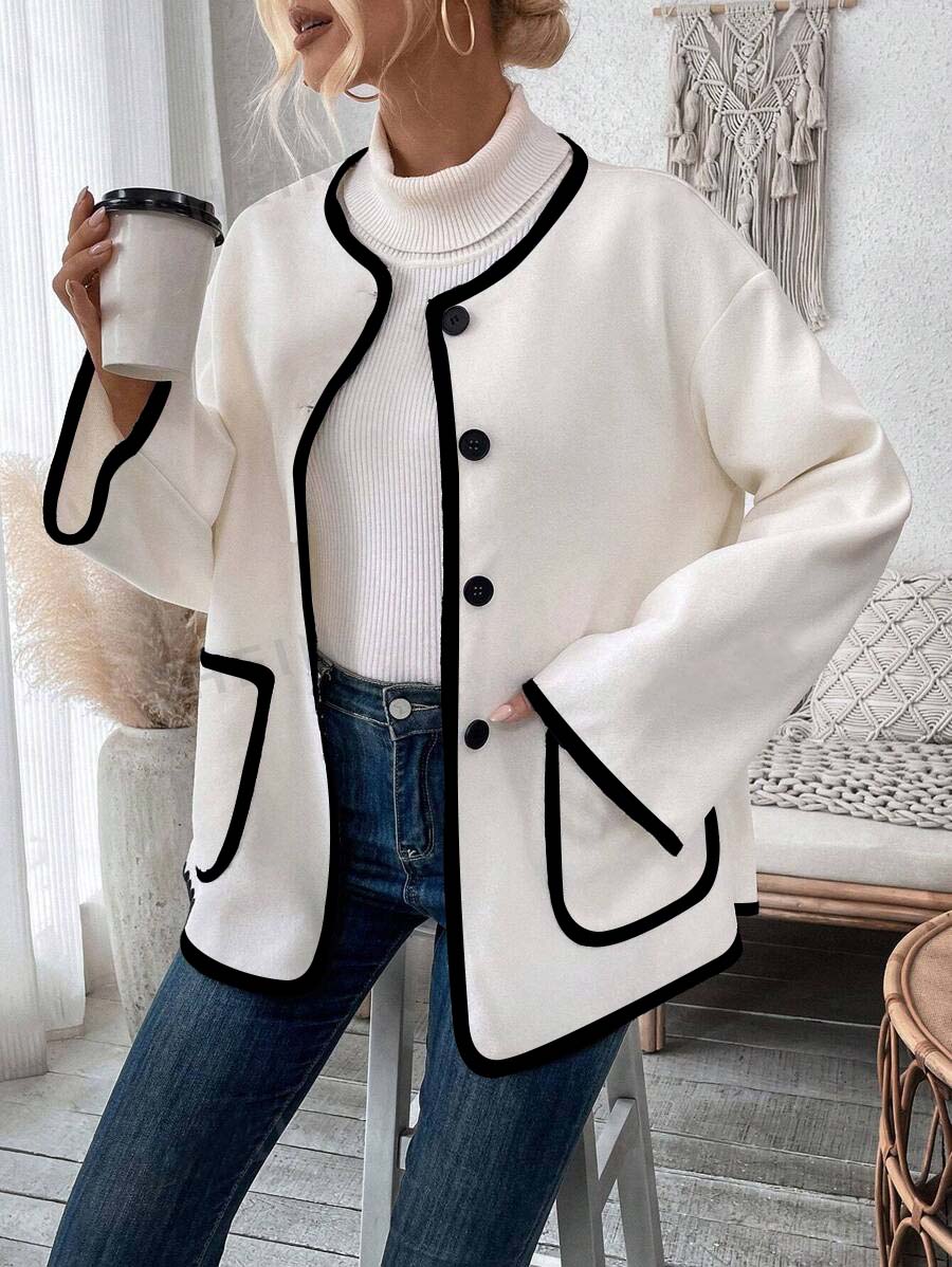 Long Sleeve Contrast Trim Coat With Shawl