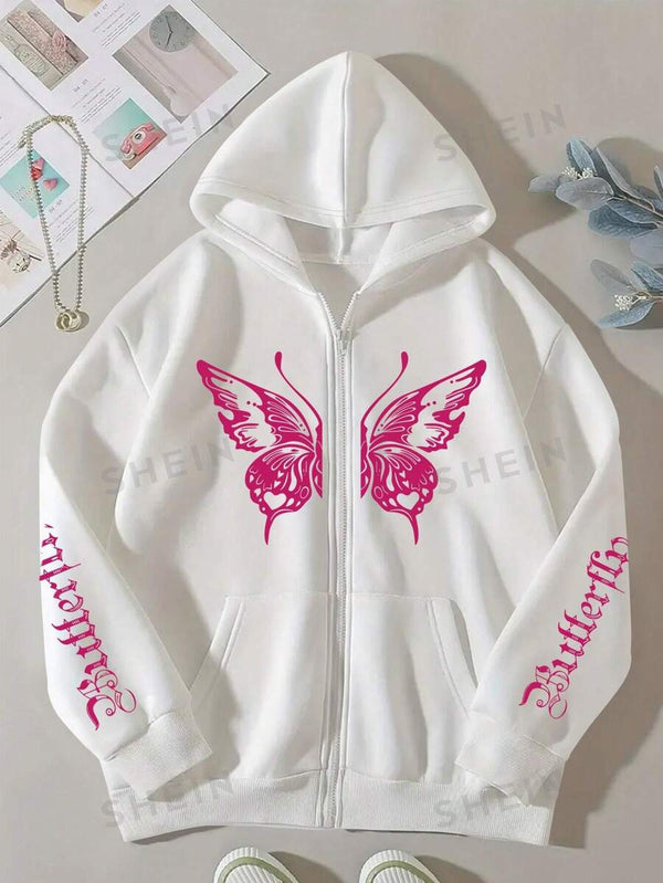 Pink Butterfly Printed Zipper Hoodie