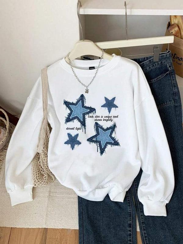 Winter Fleece Fabric Stars Printed  White Sweatshirt For Women