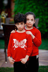 Fleece Fabric Red Butterfly Printed Kids Winter Suit ( Each )