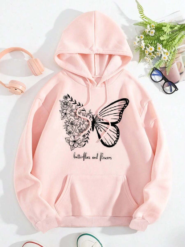 Winter Fleece Fabric Butterfly Printed Hoodie For Women - Pink