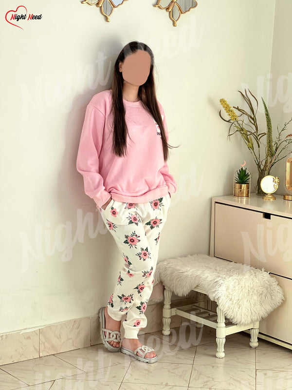 Women Winter Fleece Pink Pocket Printed Night Suit