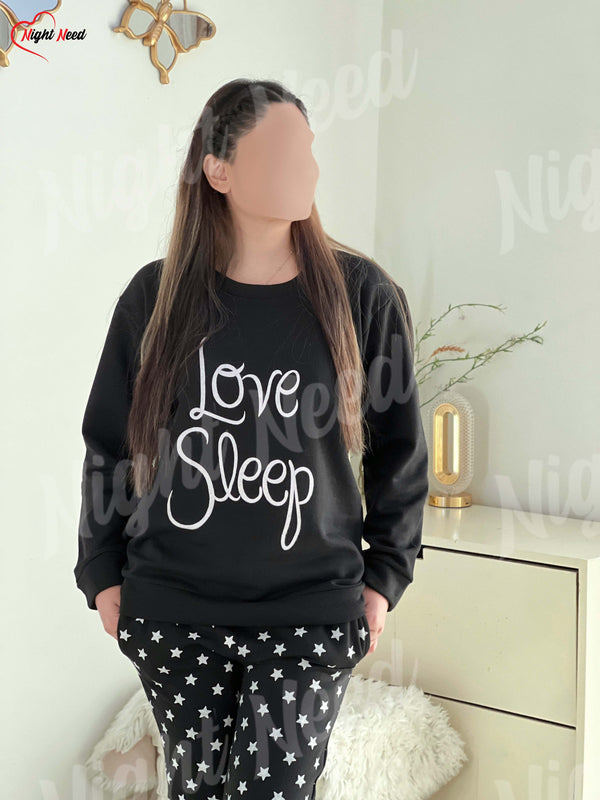 Women Winter Fleece Black Love Sleep Printed Night Suit