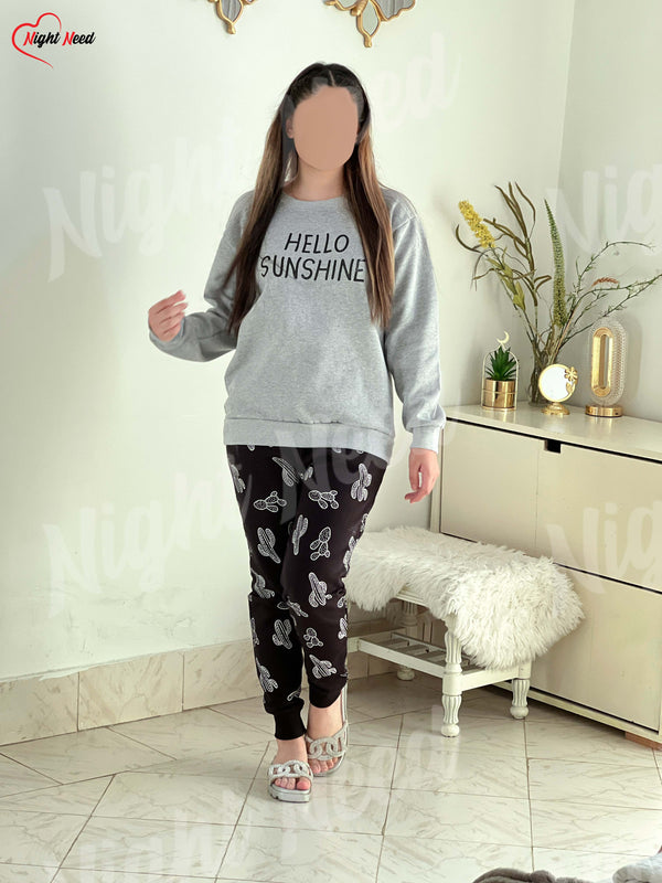 Women Winter Fleece Hello Sunshine Printed Night Suit