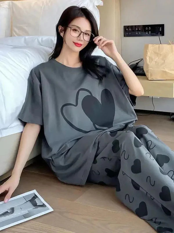 Grey Double Heart Half Sleeve Printed Night Suits