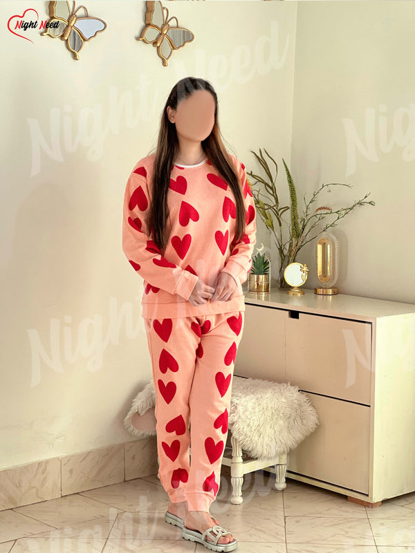 Women Winter Fleece Pink Dilber Printed Night Suit