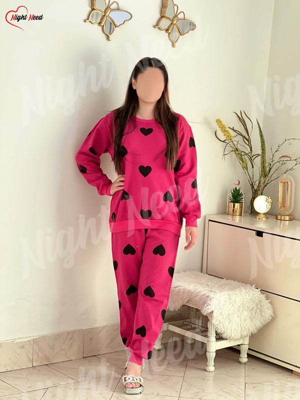 Women Winter Fleece Multi Heart Printed Night Suit