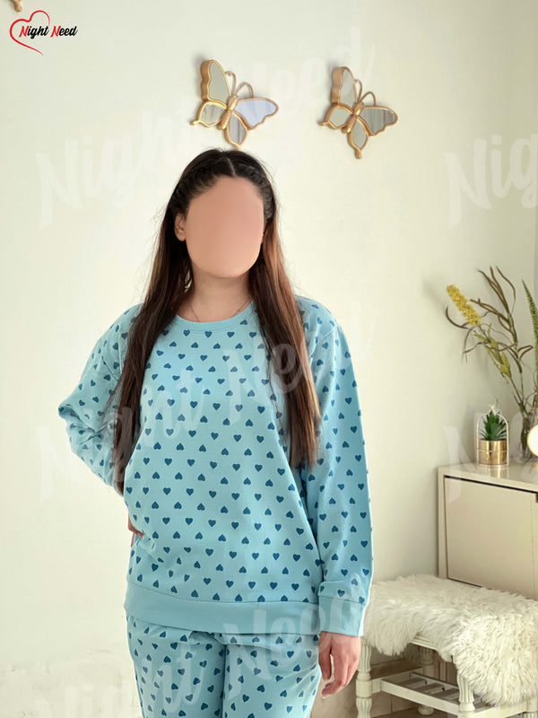 Women Winter Fleece Blue Heart Printed Night Suit