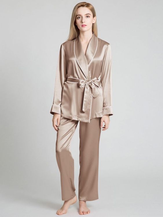 Beige Long Belted Silk Pj Set