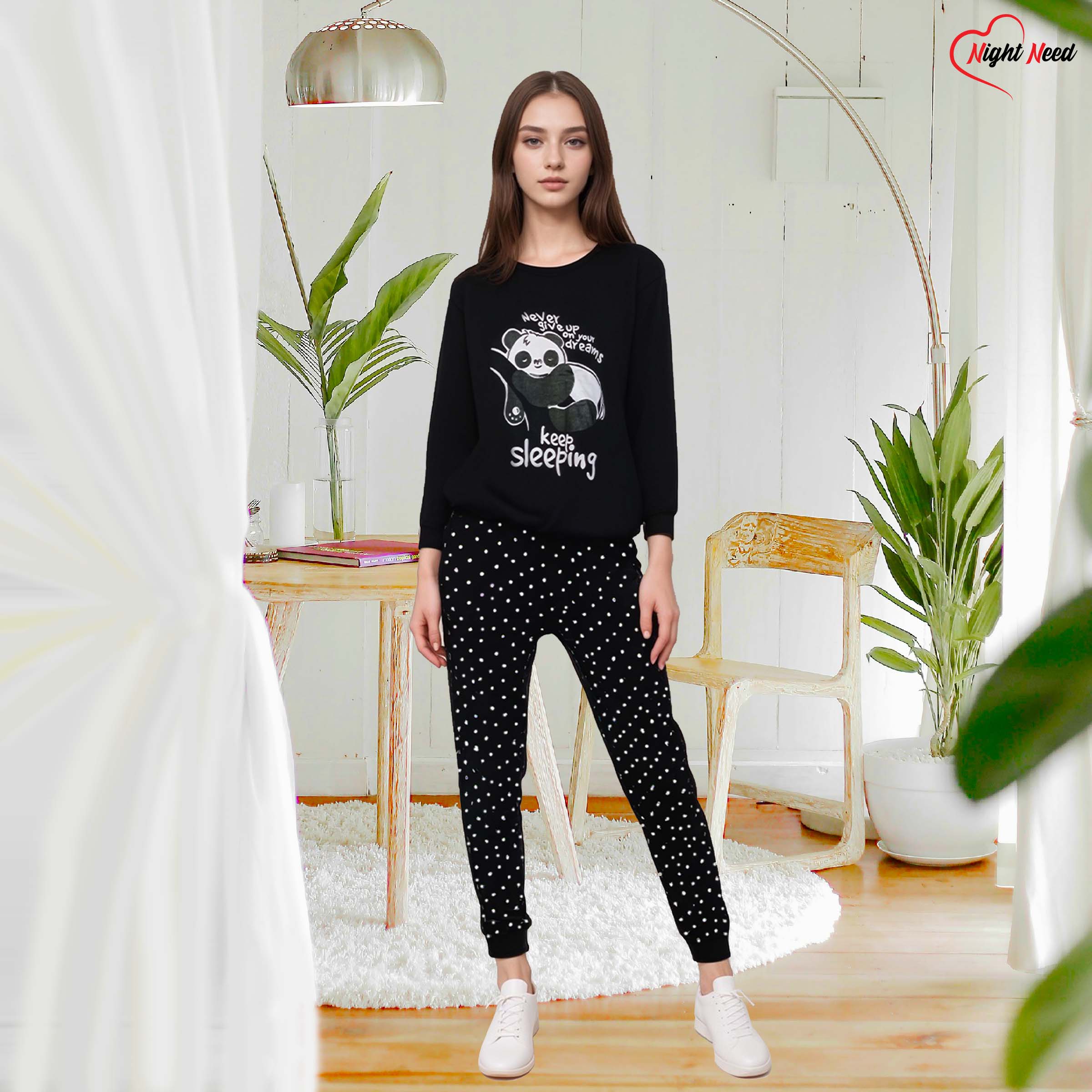 Women Winter Fleece Black Never Give Up Printed Night Suit