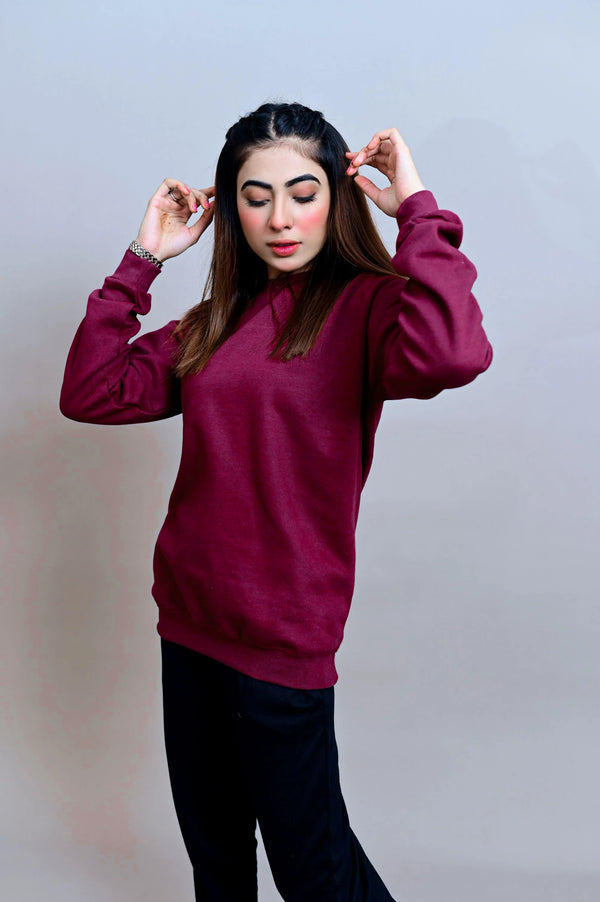 Winter Fleece Fabric Basic Sweatshirt For Women - Maroon