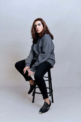 Winter Fleece Fabric Basic Sweatshirt For Women - Charcoal