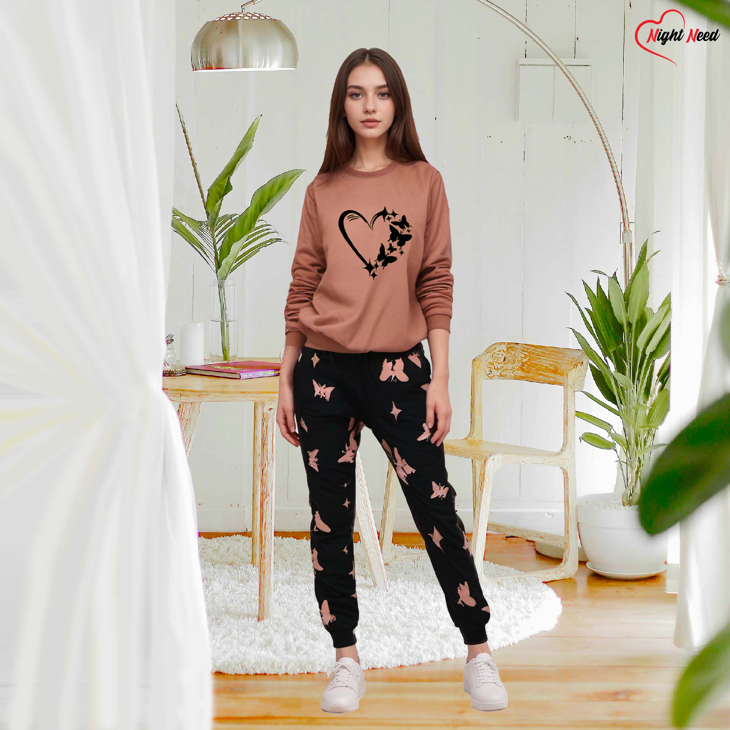 Women Winter Fleece Heart and Butterfly Printed Night Suit