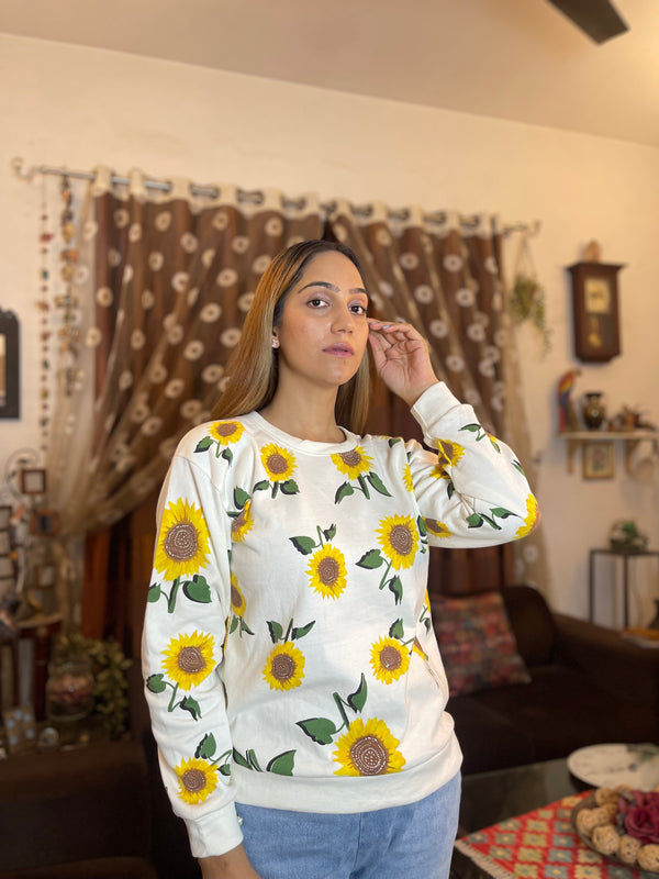 Winter Fleece Fabric Sunflowers Printed Sweatshirt For Women