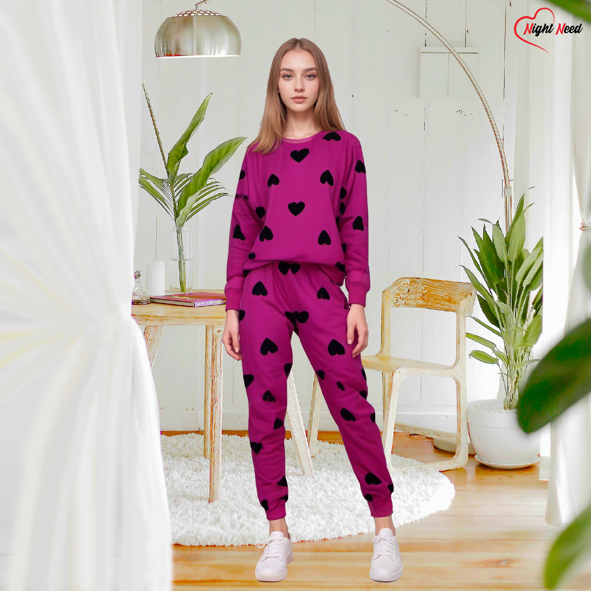 Women Winter Fleece Multi Heart Printed Night Suit