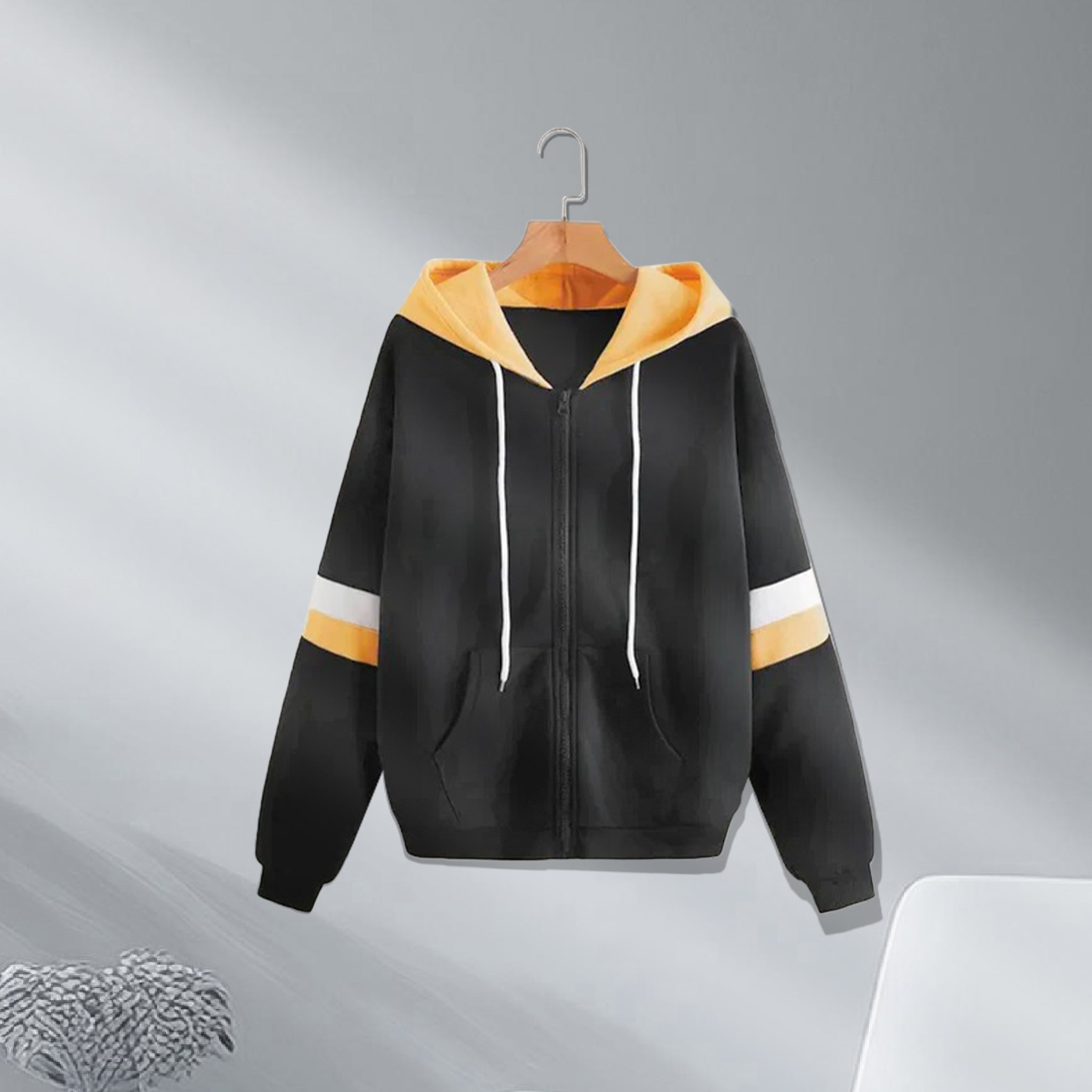 Black with Yellow and White Stripes Zipper Hoodie