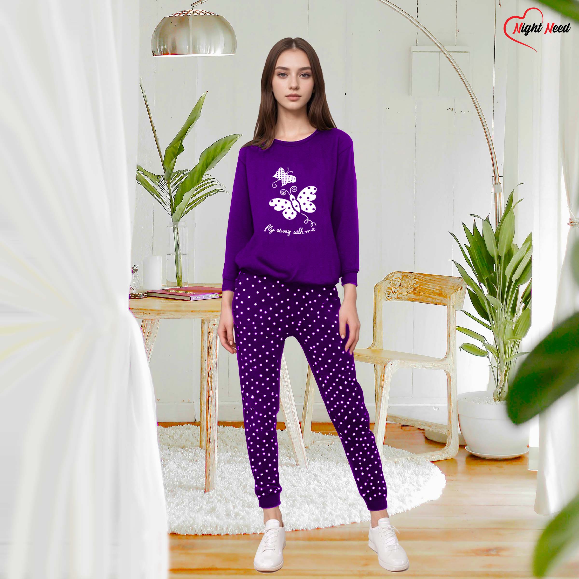 Women Winter Fleece Purple Butterfly Printed Night Suit