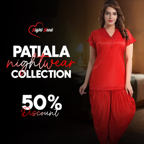 Night Need New Stylish 2-Pieces Half Sleeves & V-Neck Patiyala Nightwear - Red