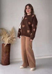 Winter Fleece Fabric Heart Printed 2 Pieces Co-Ord Sets For Women - Brown