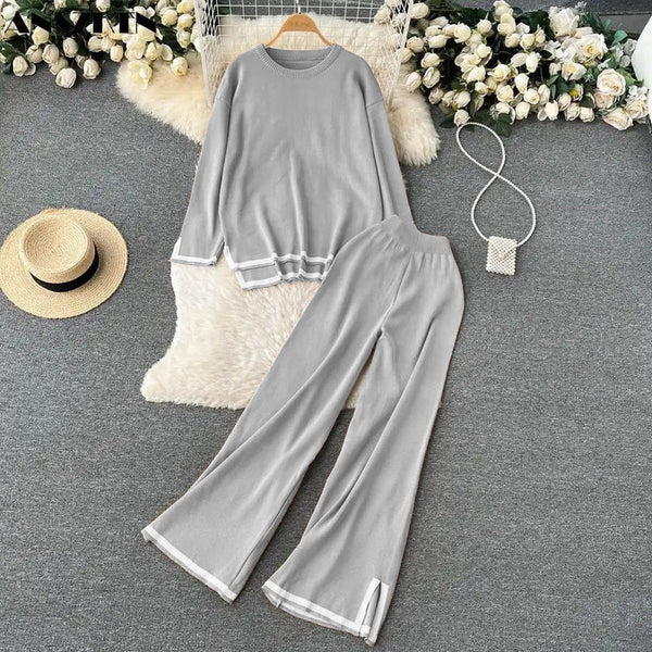 Winter Fleece Fabric Slit Full Sleeve With Plazzo 2 Pieces Co-Ord Sets For Women - Grey