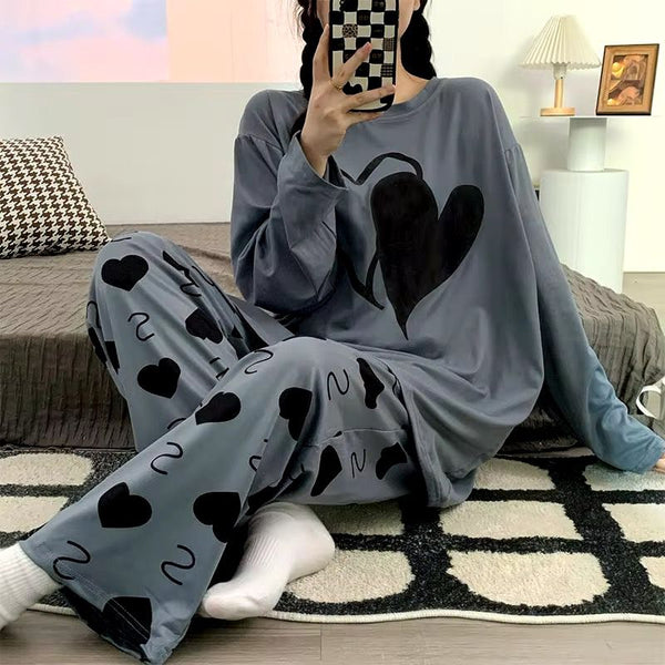 Grey Double Heart Full Sleeve Printed Night Suits