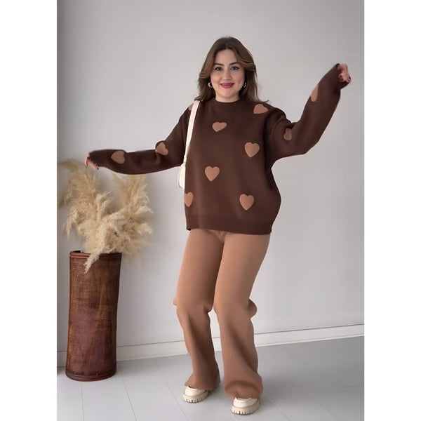 Winter Fleece Fabric Heart Printed 2 Pieces Co-Ord Sets For Women - Brown