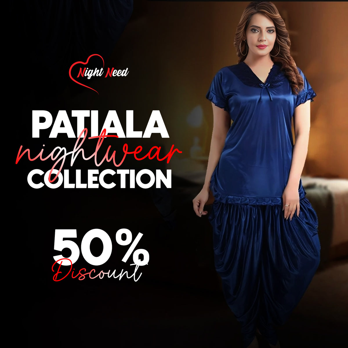 Night Need New Stylish 2-Pieces Half Sleeves & V-Neck Patiyala Nightwear - Blue