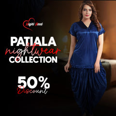 Night Need New Stylish 2-Pieces Half Sleeves & V-Neck Patiyala Nightwear - Blue