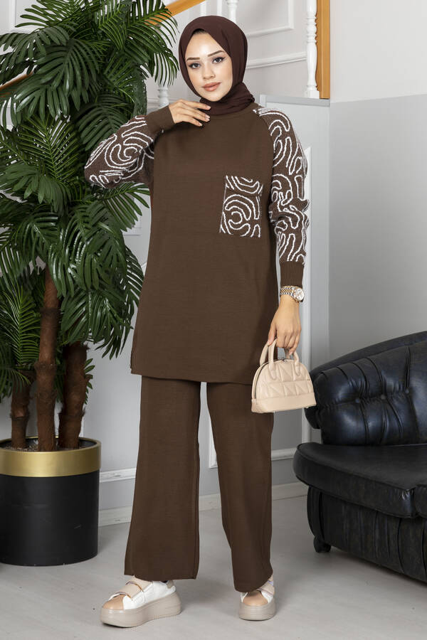 Winter Fleece Fabric Wood Printed Style Long Sleeves 2 Pieces Co-Ord Sets For Women - Brown