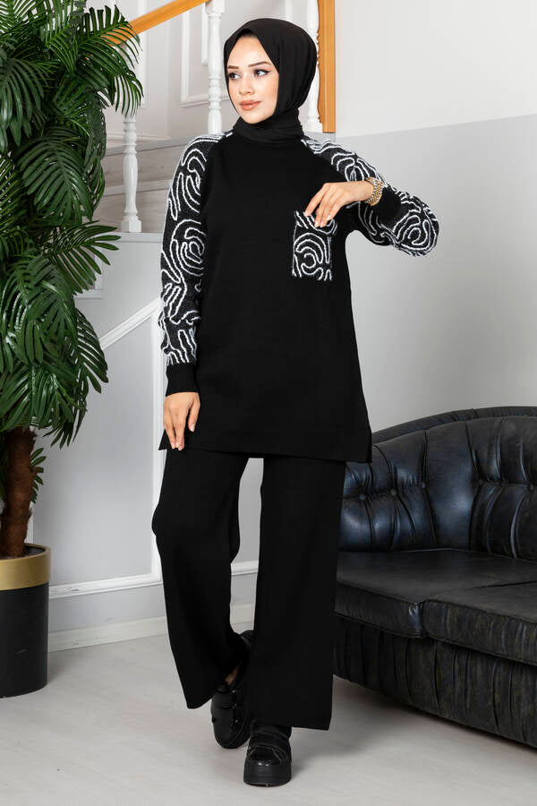 Winter Fleece Fabric Wood Printed Style Long Sleeves 2 Pieces Co-Ord Sets For Women