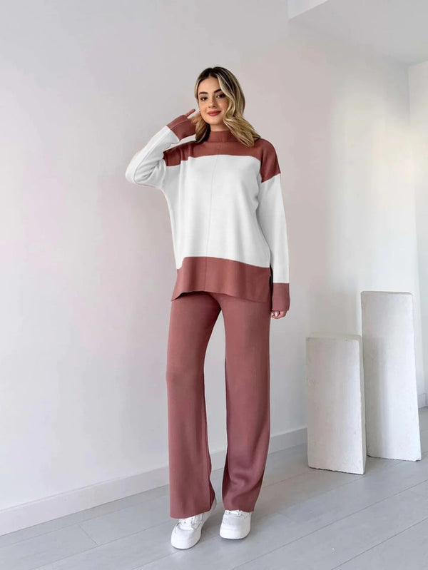 Winter Fleece Fabric Panel Style Long Sleeves 2 Pieces Co-Ord Sets For Women - Radish Pink