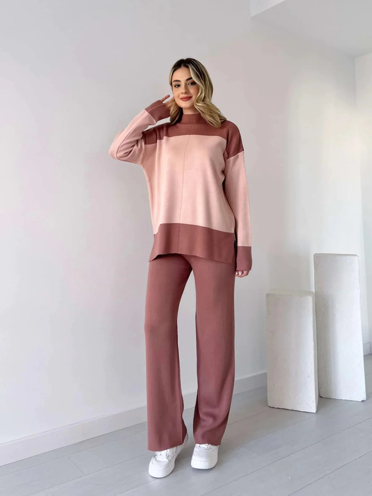 Winter Fleece Fabric Panel Style Long Sleeves 2 Pieces Co-Ord Sets For Women