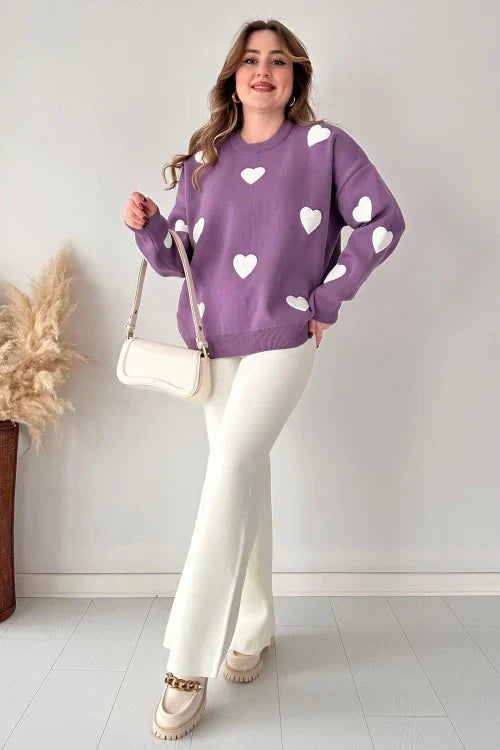 Winter Fleece Fabric Heart Printed 2 Pieces Co-Ord Sets For Women - Purple