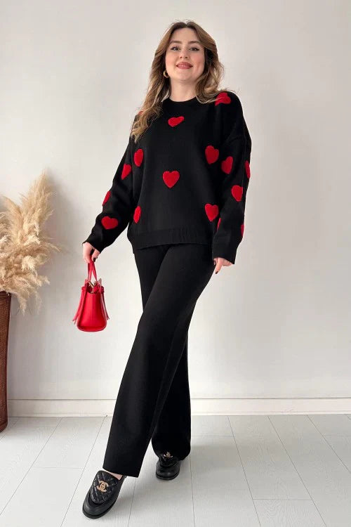 Winter Fleece Fabric Heart Printed 2 Pieces Co-Ord Sets For Women - Black