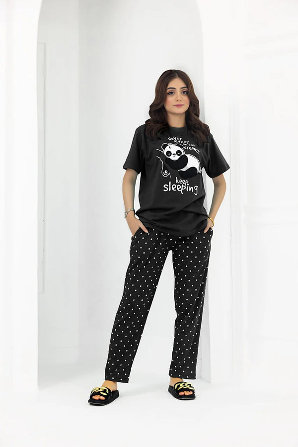 Black Never Give Up Printed Night Suit