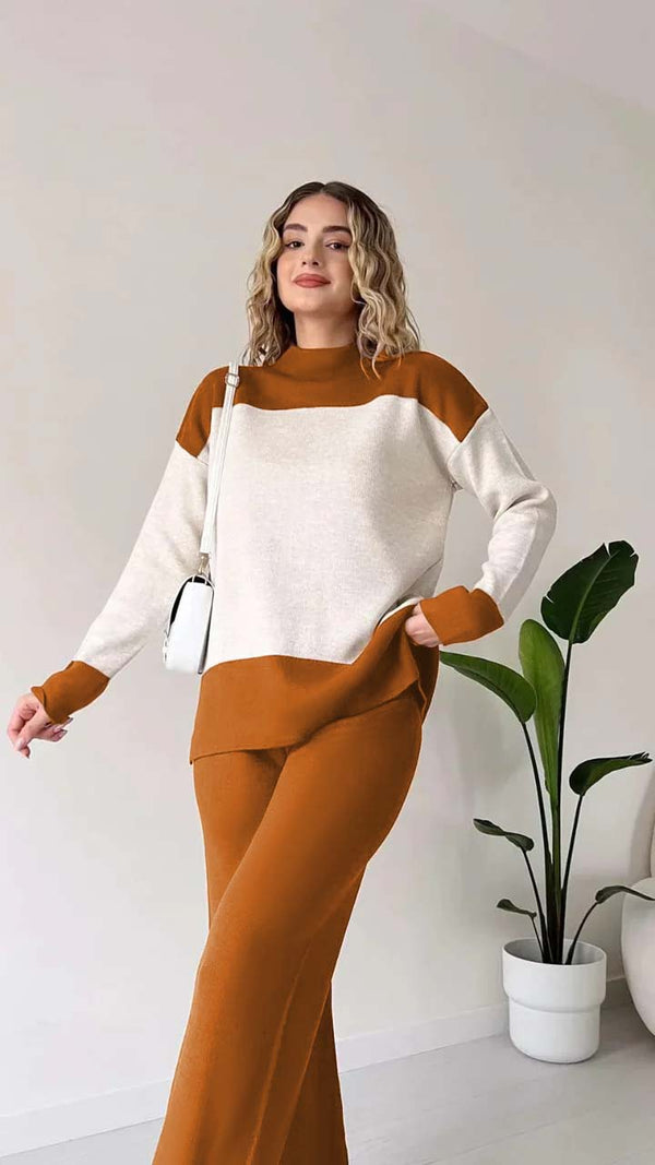 Winter Fleece Fabric Panel Style Long Sleeves 2 Pieces Co-Ord Sets For Women -Brown