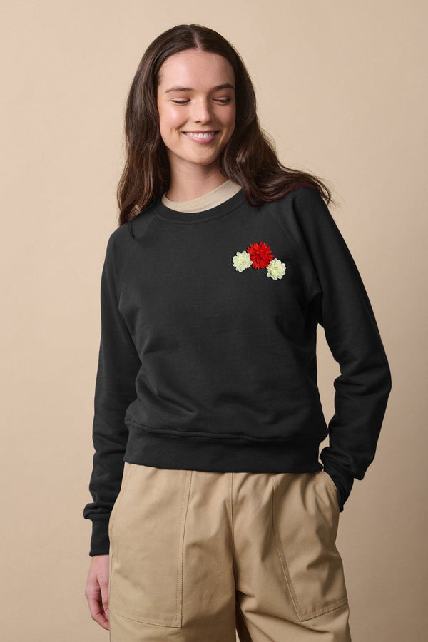 Winter Fleece Fabric White & Red Flower Drop Shoulder Sweatshirt For Women