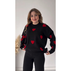 Winter Fleece Fabric Heart Printed 2 Pieces Co-Ord Sets For Women - Black