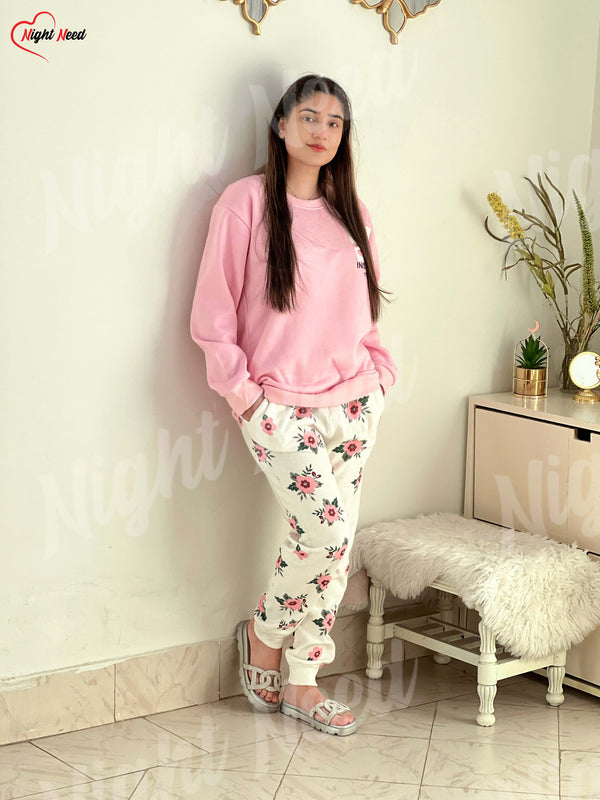 Women Winter Fleece Pink Pocket Printed Night Suit